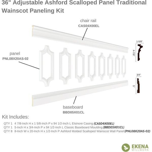 Ekena Millwork 94 1/2"L (Adjustable 36"H to 40"H) Ashford Scalloped Panel Traditional Wainscot Paneling Kit - WPKUSC061P036