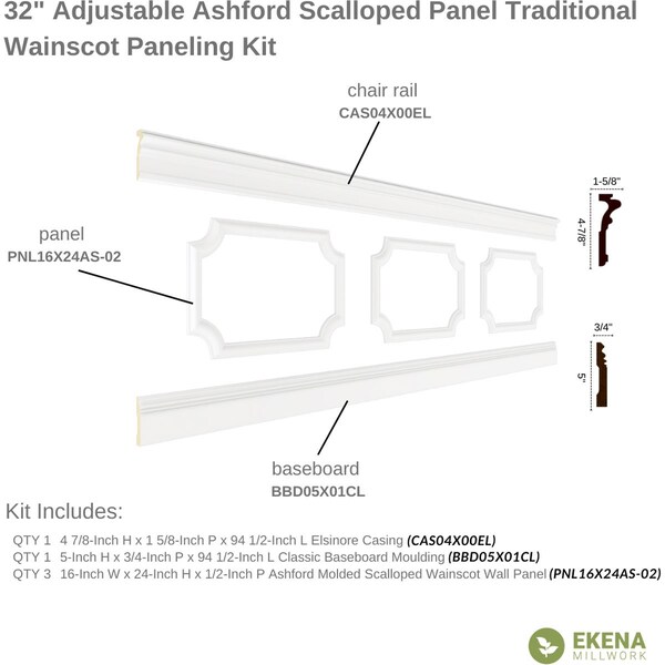 Ekena Millwork 94 1/2"L (Adjustable 32"H to 36"H) Ashford Scalloped Panel Traditional Wainscot Paneling Kit - WPKUSC051P032