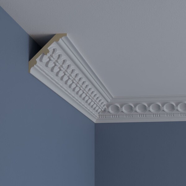 Ekena Millwork 3 1/8"H x 3 1/8"P x 4 1/4"F x 94 1/2"L, (1 7/8" Repeat) Foster Coin & Bead Crown Moulding - MLD03X03X04FO