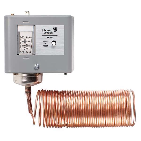 Johnson Controls Line Volt Mechanical Tstat, Close on Rise, 15 Degrees to 55 Degrees F, SPST, 120 to 600V AC - A70BA-18C
