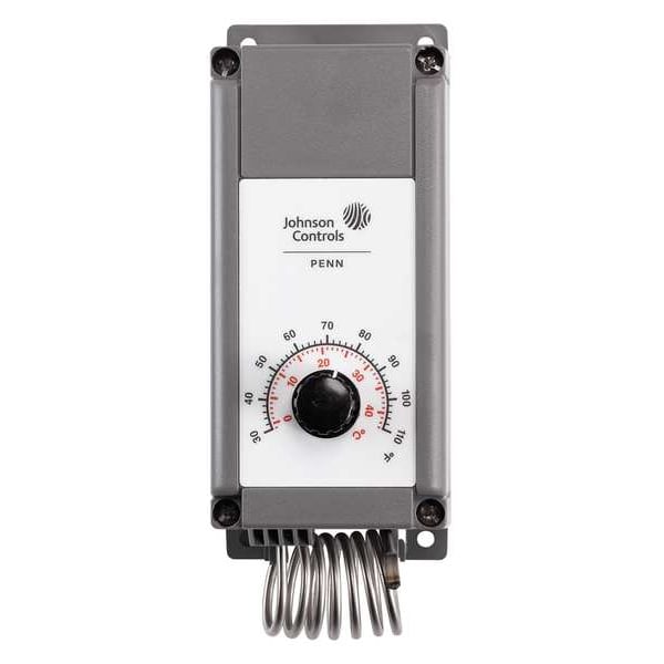 Johnson Controls Line Volt Mechanical Tstat, Open/Close on Rise, 30 Degrees to 110 Degrees F, SPDT, 24 to 277V AC - A19PRC-1C