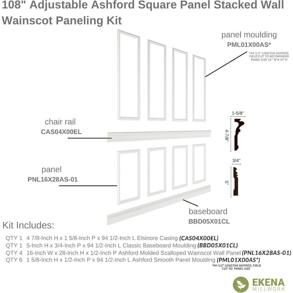 Ekena Millwork 94 1/2"L (Adjustable 108"H to 132"H) Ashford Square Panel Stacked Wall Wainscot Paneling Kit - WPKUST042P108