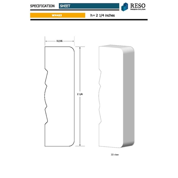 Reso Radiata pine, White, 99 in L, 0.68 in H, 2.25 in W, Primed - RMC-453-99-20