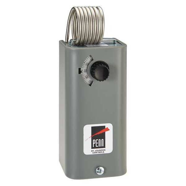 Johnson Controls Line Volt Mechanical Tstat, Open/Close on Rise, 30 Degrees to 110 Degrees F, SPDT, 24 to 277V AC - A19BAF-1C