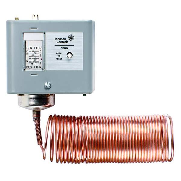 Johnson Controls Line Volt Mechanical Tstat, Open/Close on Rise, 15 Degrees to 55 Degrees F, DPST, 120 to 600V AC - A70HA-14C