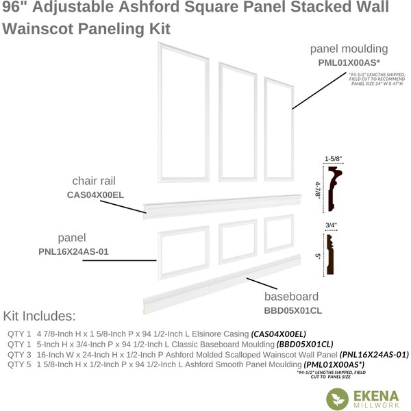 Ekena Millwork 94 1/2"L (Adjustable 96"H to 120"H) Ashford Square Panel Stacked Wall Wainscot Paneling Kit - WPKUST012P096