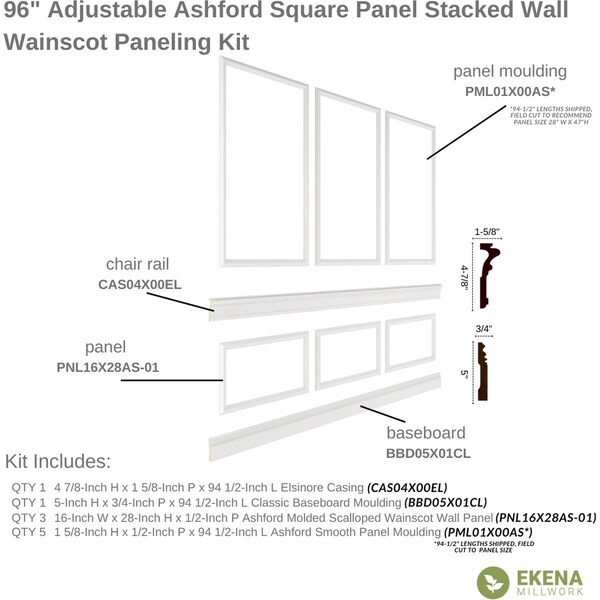 Ekena Millwork Wainscot Paneling Kit, Urethane, 94-1/2 in L, Factory Primed - WPKUST042P096