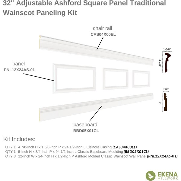 Ekena Millwork Wainscot Paneling Kit, Urethane, 94-1/2 in L, Factory Primed - WPKUSQ061P032