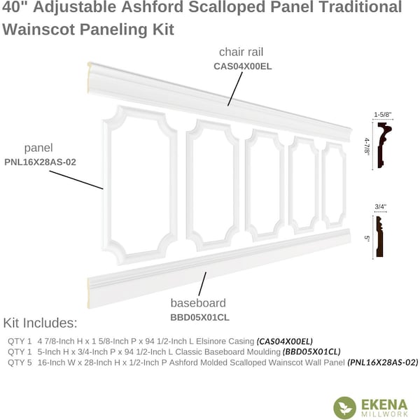 Ekena Millwork Wainscot Paneling Kit, Urethane, 94-1/2 in L, Factory Primed - WPKUSC041P040