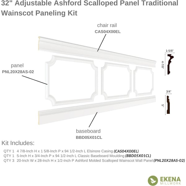 Ekena Millwork 94 1/2"L (Adjustable 32"H to 36"H) Ashford Scalloped Panel Traditional Wainscot Paneling Kit - WPKUSC071P032