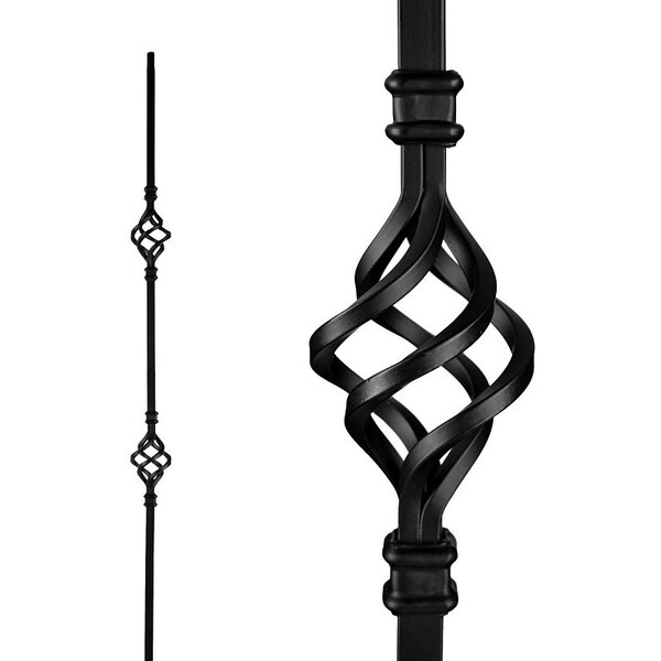 Nuvo Iron Double Basket Stair Baluster, 44 in H, 1/2 in W, Square, Steel, Black, Powder-Coated/Semi-Matte - SQI2B