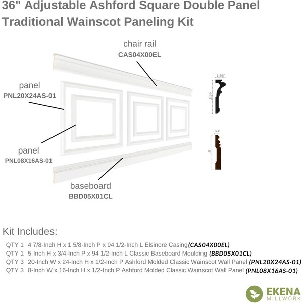 Ekena Millwork Wainscot Paneling Kit, Urethane, 94-1/2 in L, Factory Primed - WPKUDP012P036