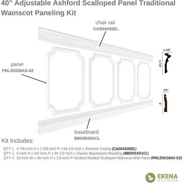 Ekena Millwork 94 1/2"L (Adjustable 40"H to 44"H) Ashford Scalloped Panel Traditional Wainscot Paneling Kit - WPKUSC031P040