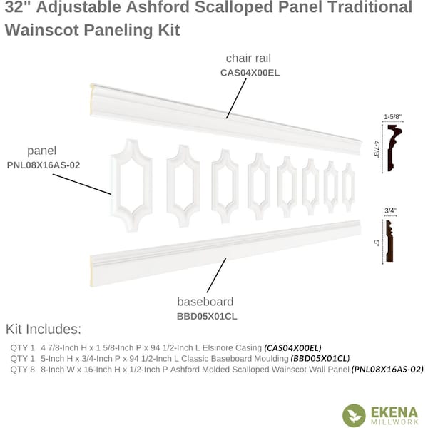 Ekena Millwork Wainscot Paneling Kit, Urethane, 94-1/2 in L, Factory Primed - WPKUSC081P032