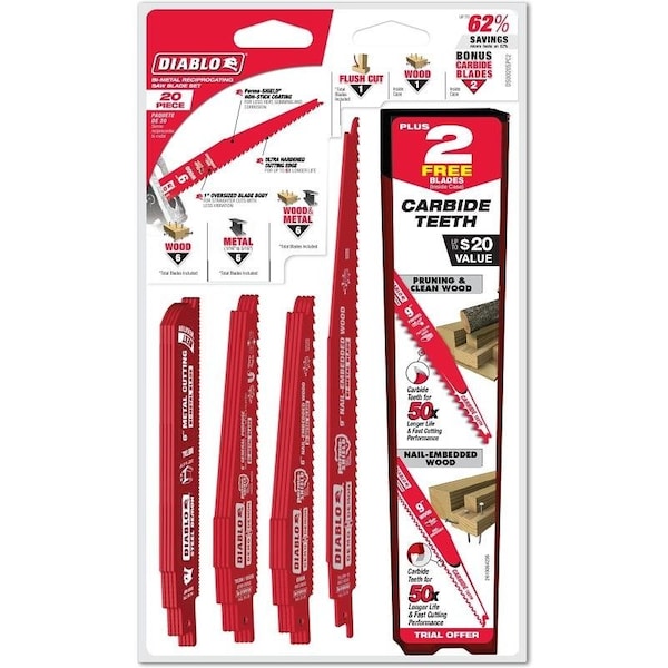 Diablo Reciprocating Saw Blade Set, 20Piece, BiMetal, Red - DS0020SPC2