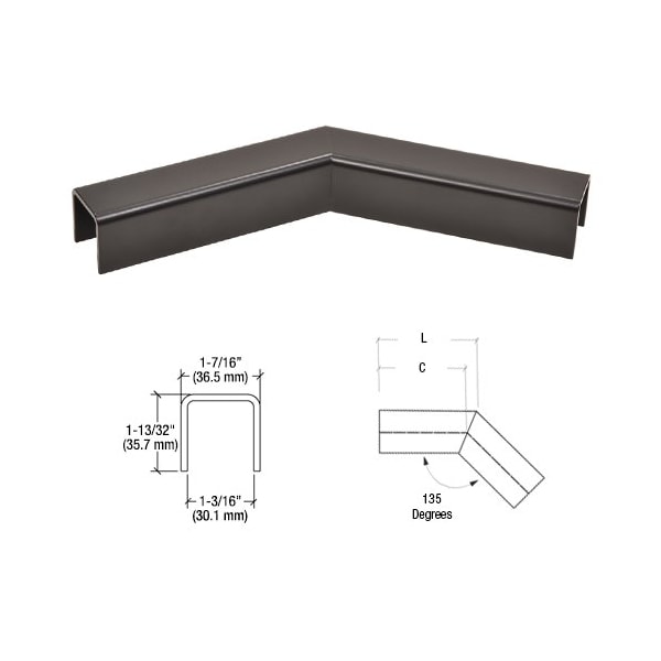Cr Laurence L10 Series U-Channel 135 Degree Horizontal Corner for 21.52 mm Laminated Glass Cap Railing - L10H3MBL
