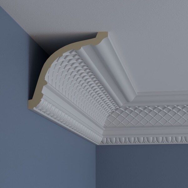 Ekena Millwork 6"H x 6 3/8"P x 8 7/8"F x 94 1/2"L, (1 3/8" Repeat), Brightton Crown Moulding - MLD06X06X09BR
