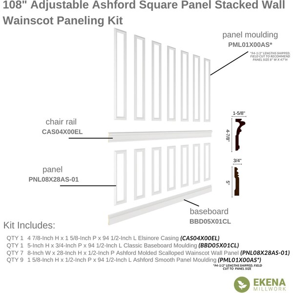 Ekena Millwork 94 1/2"L (Adjustable 108"H to 132"H) Ashford Square Panel Stacked Wall Wainscot Paneling Kit - WPKUST022P108