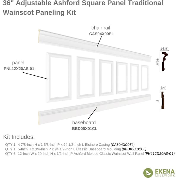 Ekena Millwork 94 1/2"L (Adjustable 36"H to 40"H) Ashford Square Panel Traditional Wainscot Paneling Kit - WPKUSQ101P036