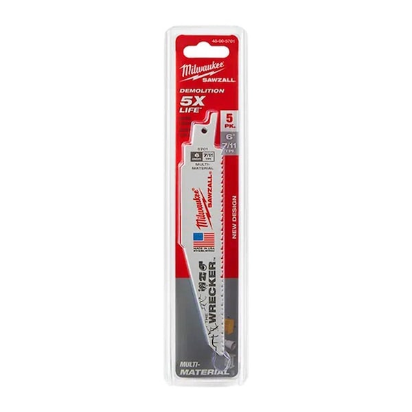 Milwaukee Tool 6 in. 7/11 Tpi Multi-Material - Wrecker Sawzall Blades, 5PK - ML48-00-5701