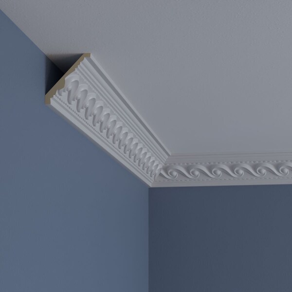 Ekena Millwork 2 5/8"H x 2 3/8"P x 3 5/8"F x 94 1/2"L, (2" Repeat) Marseille French Scroll Crown Moulding - MLD03X02X04MA
