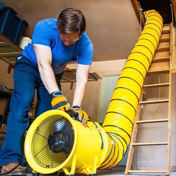 Maxx Air Confined Space Ventilator and Polyvinyl Hose, 120 V, 2000 cfm, Steel, Industrial Yellow - HVHF 12COMBO