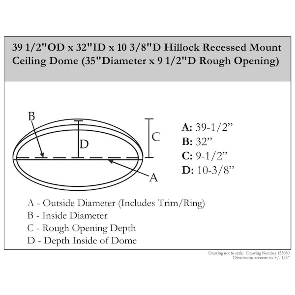 Ekena Millwork 39 1/2"OD x 32"ID x 10 3/8"D Hillock Recessed Mount Ceiling Dome 35"Diameter x 9 1/2"D Rough Opening - DOME39HI