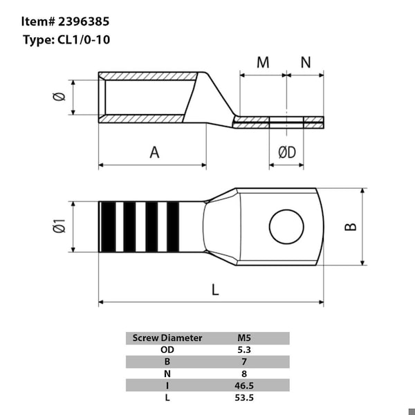 Interconexión de sistemas de automatización 1/0 AWG, terminal de compresión de barril largo con perno #10, UL, rosa, paquete de 50 - 2396385