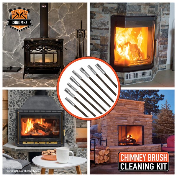 Chromex Chimney Cleaning Kit W/ Eight 3ft Fiberglass Rods, 6'' Premium Poly Brush & 1/4'' NPT Fittings - CXT1-1106