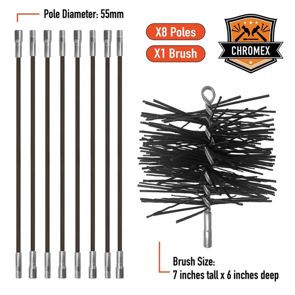 Chromex Chimney Cleaning Kit W/ Eight 3ft Fiberglass Rods, 6'' Premium Poly Brush & 1/4'' NPT Fittings - CXT1-1106