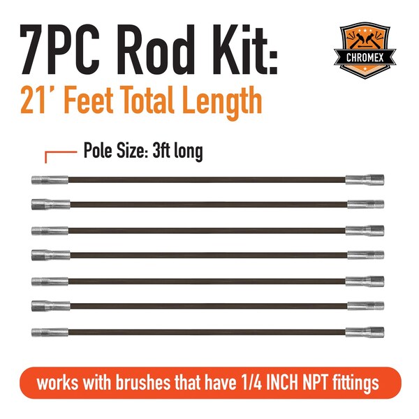 Chromex 7-Piece 21ft Fiberglass Chimney Brush Rods with 1/4'' NPT Fittings - ADX1-1024