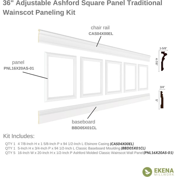 Ekena Millwork 94 1/2"L (Adjustable 36"H to 40"H) Ashford Square Panel Traditional Wainscot Paneling Kit - WPKUSQ071P036