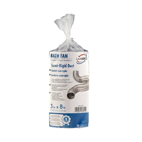 Lambro Flexible Semi-Rigid Duct, 3 in, 8 ft L, Aluminum - 301
