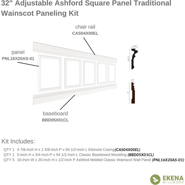 Ekena Millwork Wainscot Paneling Kit, Urethane, 94-1/2 in L, Factory Primed - WPKUSQ011P032