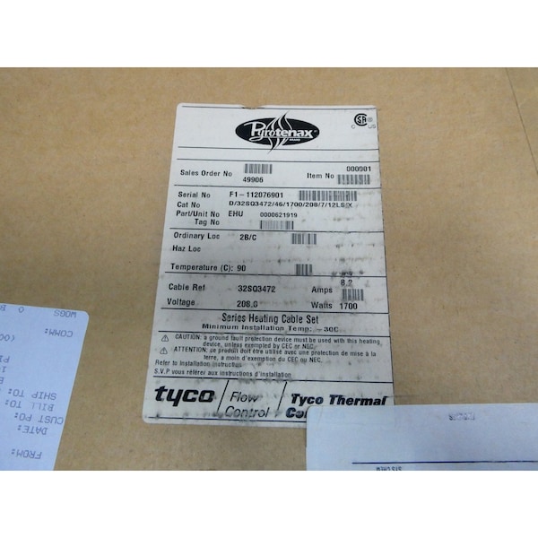Pyrotenax SERIES HEATING CABLE SET 1700W 208V-AC OTHER HEATING ELEMENT - D/32SQ3472/46/1700/208/7/12LS/X