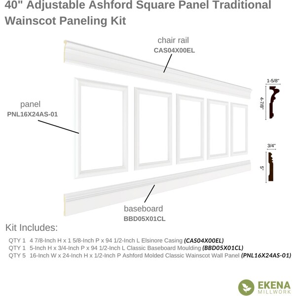Ekena Millwork 94 1/2"L (Adjustable 40"H to 44"H) Ashford Square Panel Traditional Wainscot Paneling Kit - WPKUSQ081P040