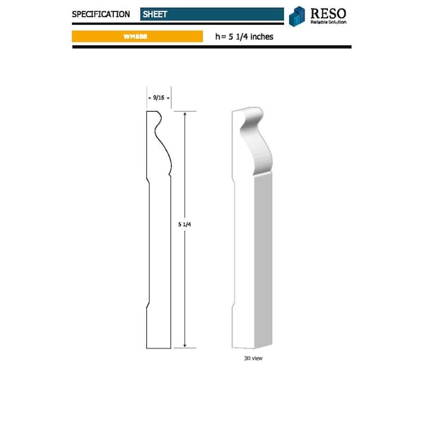 Reso Radiata pine, White, 96 in L, 0.68 in H, 5.25 in W, Primed - RMB-688-96-20