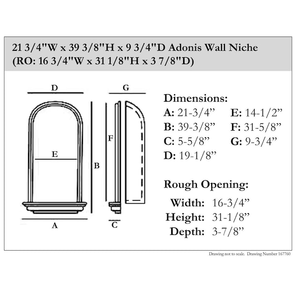 Ekena Millwork 21 3/4"W x 39 3/8"H x 9 3/4"D Adonis Wall Niche (RO: 16 3/4"W x 31 1/8"H x 3 7/8"D) - NCH21X39AD