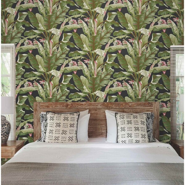 York Wallcoverings Banana Leaf Black and Red Wallpaper - AT7071