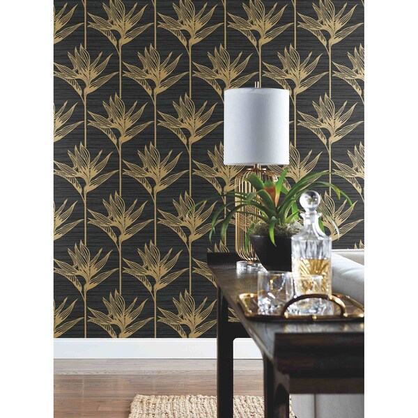 York Wallcoverings Bird of Paradise Black and Gold Wallpaper - TC2674
