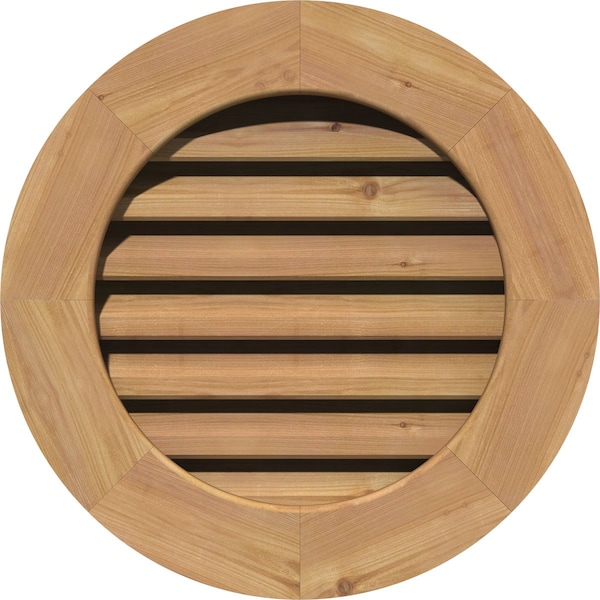 Ekena Millwork Round Gable Vent Functional, Western Red Cedar Gable Vent w/ 1" x 4" Flat Trim Frame, 12"W x 12"H - GVWRO12X1201SFUWR
