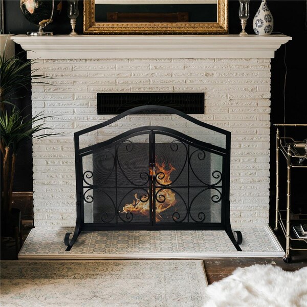 The Urban Port 43 in. Mesh Design Scrollwork 2 Door Iron Fireplace Screen, Black - UPT-232048