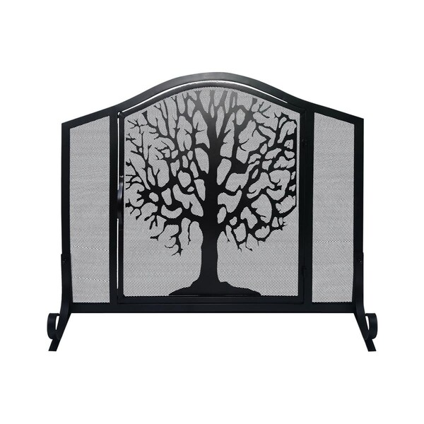 The Urban Port 43 in. 3 Panel Iron Fireplace Screen with Mesh Design, Arched Top, Black - UPT-232047