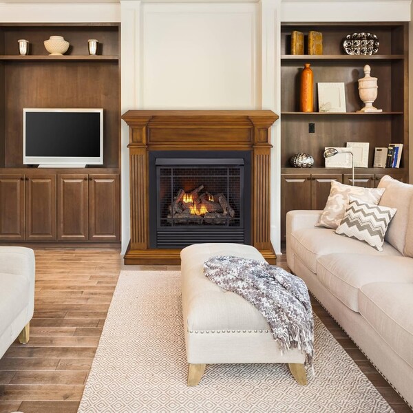 Duluth Forge Dual Fuel Ventless Gas Fireplace W/ Jefferson Series Mantel, 32,000 BTU, Medium Maple Finish - FDI32R-J-MM