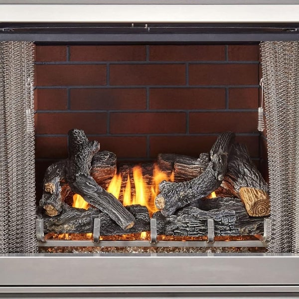 Duluth Forge Outdoor Fireplace Insert With Concrete Log Set and Vintage Red Brick Fiber Liner - DF450SS-L-VR