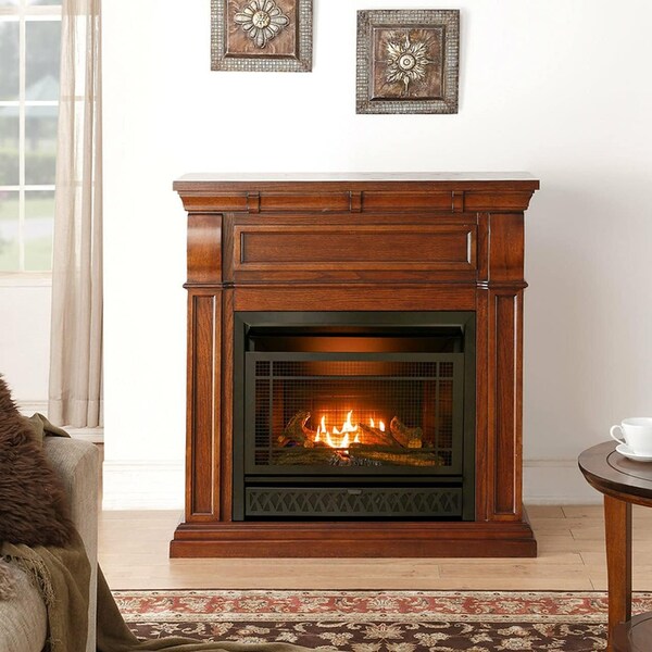 Procom Heating Dual Fuel Ventless Gas Fireplace System, 26,000 BTU, T-Stat Control, Chestnut Oak Finish - PFS-28T-1CO