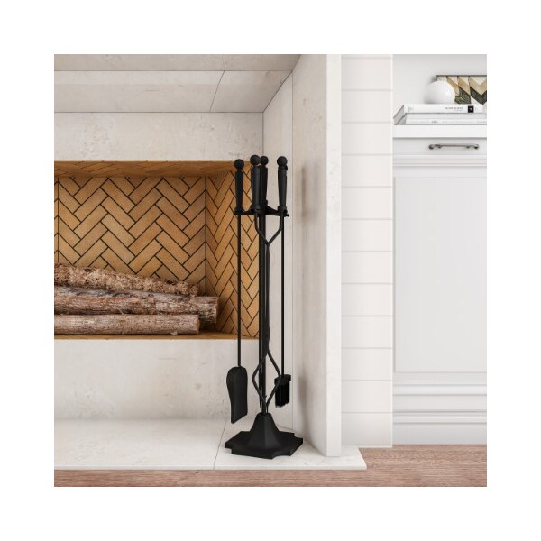 Hastings Home 5-piece Fireplace Tool Set Heavy Duty Essential Tools Includes Tongs, Shovel, Broom, Poker, Stand - 627444IBY