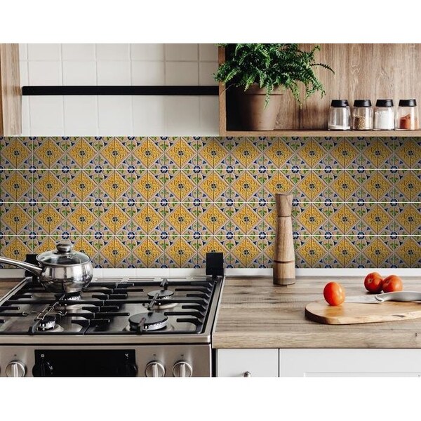 Homeroots 4 x 4 in. Yellow Blue Provence Peel & Stick Tiles - 400076