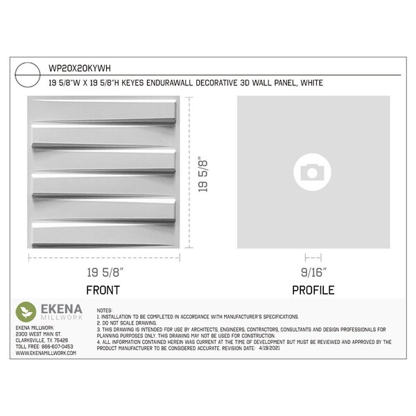 Ekena Millwork 19 5/8in. W x 19 5/8in. H Keyes EnduraWall Decorative 3D Wall Panel Covers, Total 32.1 Sq. Ft., 12PK - WP20X20KYWH-CASE-12