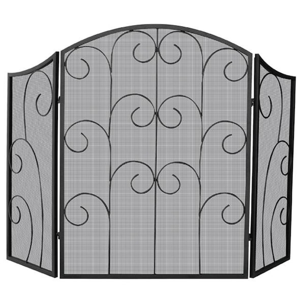 Uniflame UniFlame S-1015 3 Panel Black Wrought Iron Screen With Decorative Scroll - S-1015